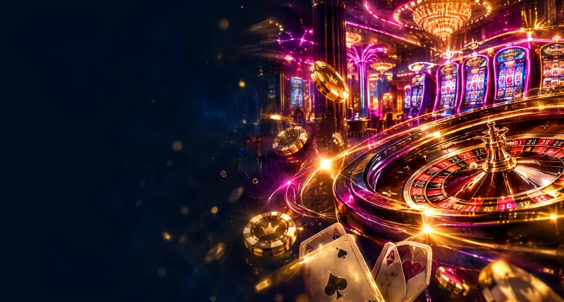 Roulettekessel, Spielautomaten, Chips und Spielkarten im goldenen Neonlicht