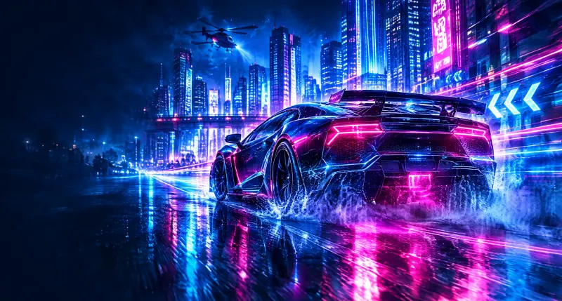 Sportwagen driftet über eine regennasse Straße in einer Neon-Stadt