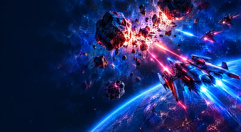 Raumschiff schießt Laserstrahlen auf zerberstende Asteroiden über einem Planeten